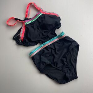 Beach Bunny Bikini  Black Neon Trim Crochet Swimsuit 10Y